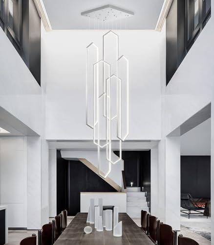 6 Rings Modern Chandelier LED Dimmable Long Large High Ceiling Chandelier Adjust Flush Mount Ceiling Light for Entrance Foyer Lobby Staircaes (6 Count)
