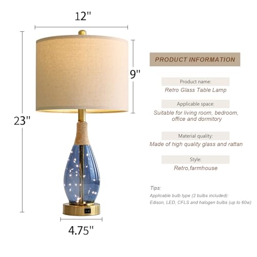 23" Table Lamps for Living Room Set of 2 Bedside Lamps for Night Stands Bedroom Lamps Farmhouse Rattan Boho Lamp Glass Nightlight End Table Lamp with USB C+A (2 Count)