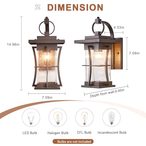 Oil Rubbed Bronze Outdoor Light Sconces Wall Mount Matte Brown Outdoor Wall Lamp Large Exterior Porch Wall Lantern with Seeded Glass 15" Outside Lights for House