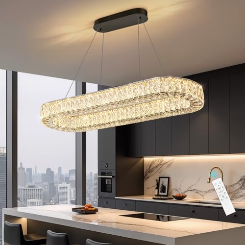 Oval Crystal Chandelier Modern Dimmable LED Chandeliers for Dining Room Rectangular Light Fixture with Remote for Living Room Kitchen Light Black