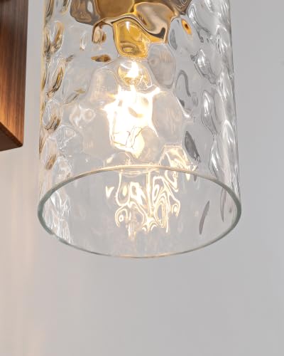 Hammered Glass Battery Operated Wall Sconces Set of Two Gold & Walnut