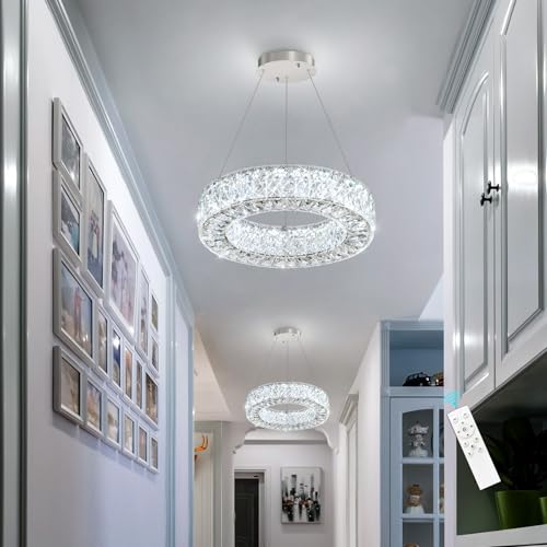 16 Inch Chandelier Glam Dimmable LED Crystal Chandeliers Luxury Round Pendant Lighting Fixtures for Dining Room Bedrooms Silver