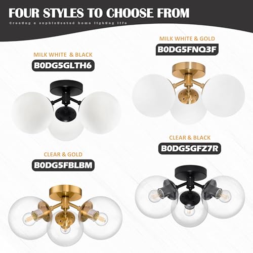 3 Light Modern Black Semi Flush Mount Ceiling Light Clear Glass Globe Ceiling Lights Mid Century Black Chandelier 3 Light Sputnik Ceilings Lights Fixture for Bedroom Hallway Entryway