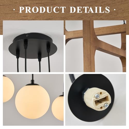 Rustic Oak 4 Light Wooden Chandelier with Milk Glass Globe L24 Inch