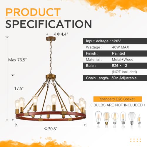 Farmhouse Wagon Wheel Chandelier 31" Rustic Gold Chandelier for Dining Room