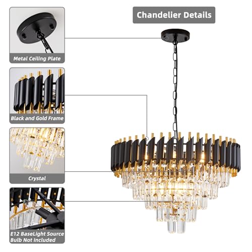 10 Light Large Crystal Chandelier 24" Dining Room Light Fixtures 5 Tiers Flush Mount Black and Gold Chandelier Round Large Chandeliers for Dining Room Living Room Kitchen Entryway Foyer