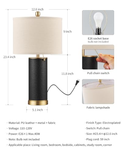 23.4" Black PU Leather Table Lamps for Living Room Set of 2 (2 Count)