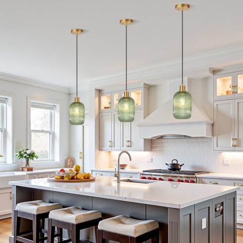 2 Pack Pendant Lights with Vintage Green Ribbed Glass Lampshade (2 Count)