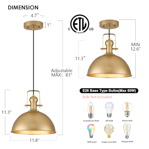 12 Inch Gold Modern Pendant Lights for Kitchen Island 1 Pack