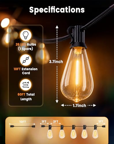 Outdoor String Lights 60FT (50+10FT(25 Sockets))