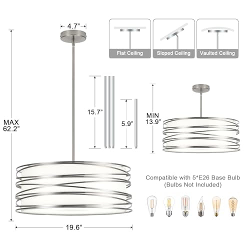 19.7" Drum Chandelier 5-Light Brushed Nickel Modern Pendant Light Adjustable Hanging Lighting Chandeliers for Dining Room Kitchen Island Foyer Living Room Bedrooms