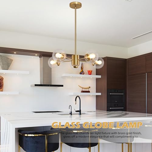 5 Light Globe Sputnik Chandelier Gold Mid Century Sputnik Chandeliers Dimmable Globe Pendant Light Brushed Brass Finished with Clear Glass Lampshade Chandeliers for Dining Room Bedroom