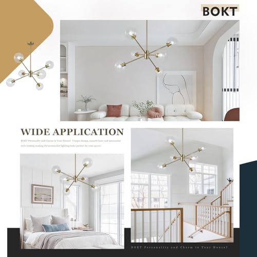 6 Lights Mid Century Modern Clear Glass Globe Sputnik Chandelier Brushed Gold Sputnik Light Fixture Vintage Large Brass Pendant Lights Kitchen Island Farmhouse Living Dining Room Ball Chandelier