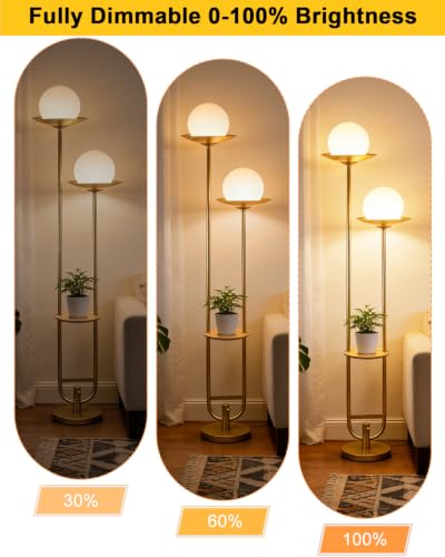 63IN Gold Floor Lamp 2 Globe Mid Century Standing Lamps Dimmable with 3000K Warm White LED Bulbs Unique Vintage Tall Floor Lamp for Living Room