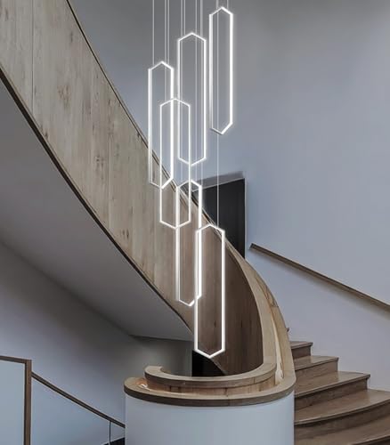 6 Rings Modern Chandelier LED Dimmable Long Large High Ceiling Chandelier Adjust Flush Mount Ceiling Light for Entrance Foyer Lobby Staircaes (6 Count)