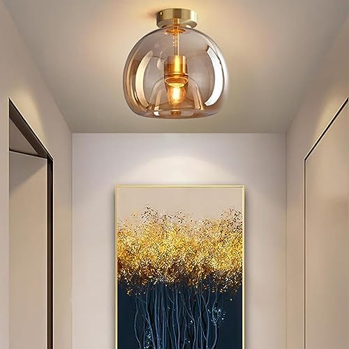 Nordic Mid Century Corridor Globe Semi Flush Mount Ceiling Light Fixture Amber Smoke Grey Glass Ceiling Lighting Simple Mini Ceiling Lamp for Aisle Porch Stairway Closet Kitchen