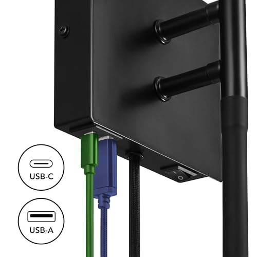 1-Light Plug-in or Hardwired Wall Sconce with LED Integrated Reading Light, USB-A Port, USB-C Port, Matte Black, White Fabric Shade, On-Off Pull Chain and Rocker Switch