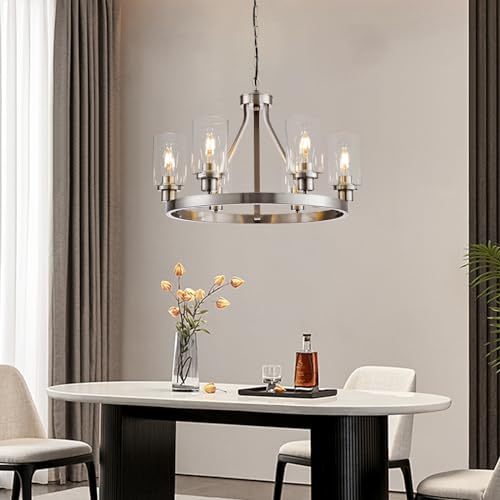 6 Light Modern Dining Room Light Fixture Brushed Nickel Kitchen Chandelier Ceiling Hanging Pendant Lighting with Glass Shade for Living Room Bedroom Entryway Adjustable Height Metal E26