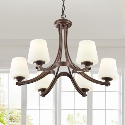 6 Light Oil Rubbed Bronze Farmhouse Chandelier Pendant Light Fixture with Frosted Glass