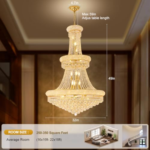 27 Lights High Ceiling Chandelier Modern Gold Crystal Chandeliers Large Foyer Chandelier Fixtures for Staircase Living Room Hallway Entryway