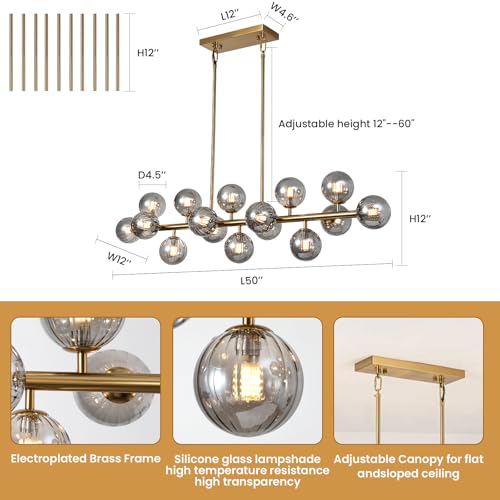 Brass Gold Rectangle Chandelier Modern Chandelier Smoke Grey Globe Glass Pendant Light Fixture Adjustable for Dining Living Room Kitchen Island Over Table 16