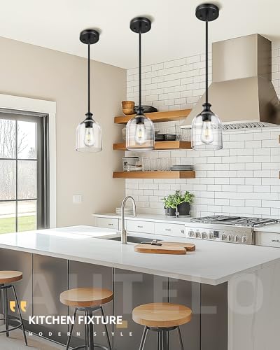 2 Pack Modern Black Pendant Lights Kitchen Island Cylinder Glass (2 Count)