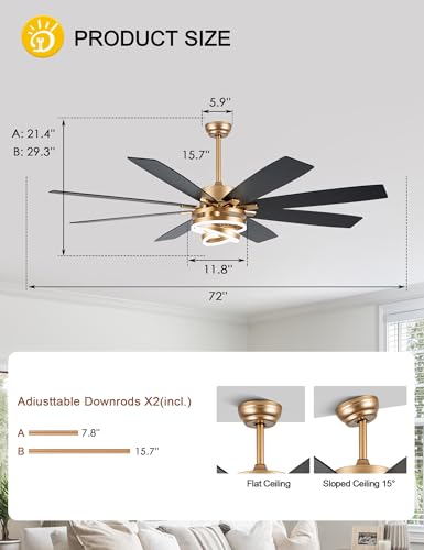 72" Gold Modern Ceiling Fans with Lights Remote