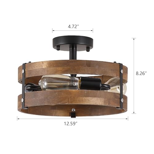 3 Light Rustic Farmhouse Wood Flush Mount Ceiling Light Fixture 12.59 inch Oak Wood and Metal Round Cage Semi Flush Mount Ceiling Light for Hallway Entry Bedroom Kitchen Hall Farmhouse