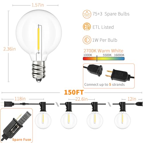 Outdoor String Lights 150 FT Waterproof Outside Patio Light 78 Bulbs (150 Foot)
