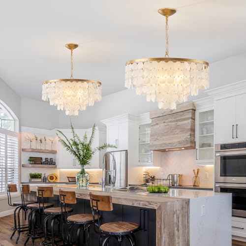 24" Capiz Shell Chandelier, 5 Light Gold Dining Room Light Fixture Modern Coastal Chandeliers for Bedroom Bathroom Kitchen and Foyer(White Seashell Lighting Fixtures)