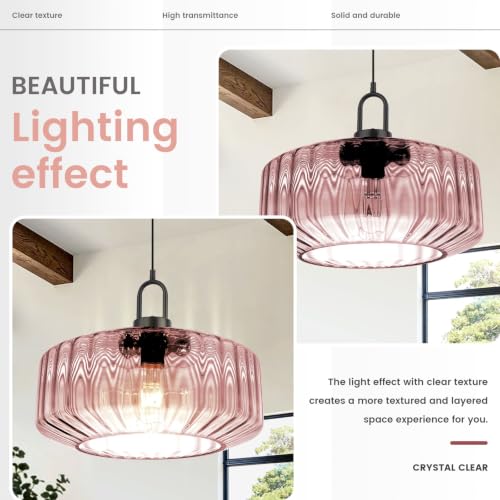 Large Glass Pendant Light Ribbed Pink Ceiling Hanging Light Fixture