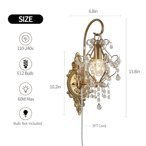 Plug in Cord Gold Crystal Vintage Indoor Wall Sconces Light Set of 2 (2 Count)