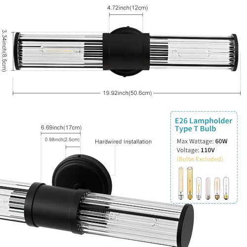 Hardwired Black Bathroom Vanity Light Glass Rod Wall Sconce