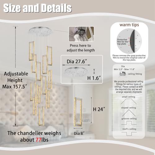 H158 Crystal Rectangle Chandelier 12 Ring Chandeliers for High Ceiling Gold Large Pendant Lighting High Ceiling Light for Living Room Staircase Foyer