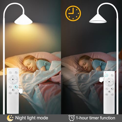 Floor Lamp 18W Upgraded Bright LED Floor Lamps for Living Room Bedroom with Gooseneck Stepless Dimming & Color 76inch Tall Standing Lamp with Remote & Touch Control Work with Smart Plug (White-76inch)