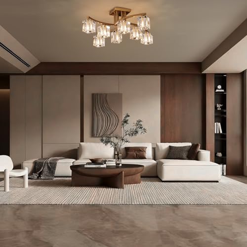 8 Light Modern Sputnik Ceiling Light Fixture Farmhouse Crystal Semi Flush Mount Ceiling Light Gold Chandeliers for Dining Room Living Room Kitchen Island Bedroom Entryway