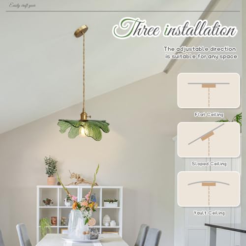 Green Glass Pendant Light Kitchen Flower Ceiling Light Fixture with Leaves Glass Shade (2 Count)