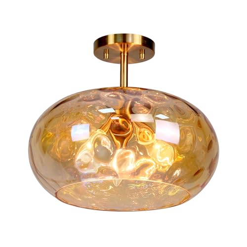 Brass Gold Semi Flush Mount Ceiling Fixture Large Hammered Glass Shade Modern Close to Ceiling Light 14" Art Lampshade for Hallway Foyer Bedroom