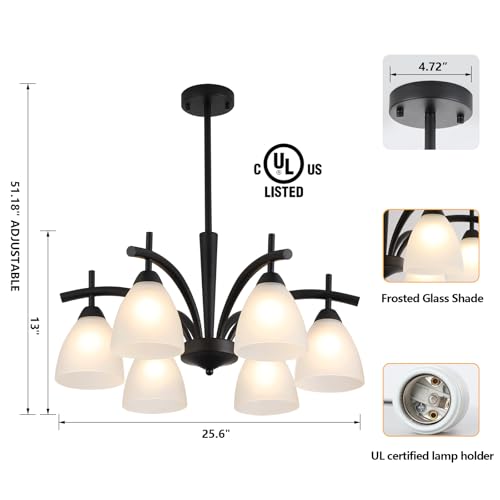 Modern Farmhouse Black Frosted Glass Chandelier Rustic Kitchen Light Fixtures 6 Lights for Dining Room Living Room Foyer Entryway Bedroom UL Listed D25.6 Inches