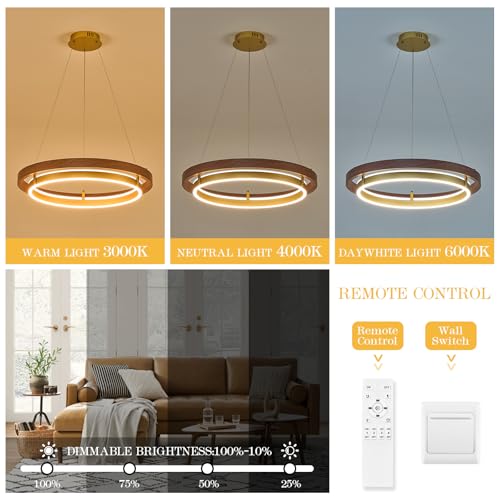 LED 2 Ring Brass Gold Chandelier Dimmable Up Down Light Gold Walnut Wood