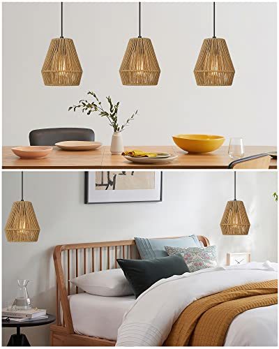 Boho Woven Pendant Lights 7” Rustic Rattan Hanging Lamp Adjustable Handwoven Basket Shade