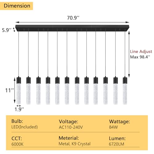 Modern Crystal Chandeliers LED Pendant Light for Kitchen Island Dining Room Entrance Foyer Living Room 6000K Black