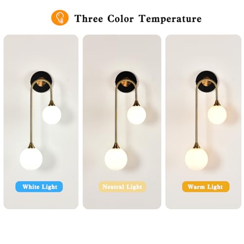 Mid Century Modern Wall Sconce Black and Gold Milk Glass Sconces with Double Ball Hardwired Wall Light for Bedside Bedroom Bathroom Living Room Corridor G9 Base