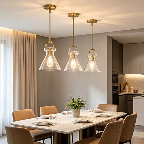 Gold Pendant Lights Kitchen Island with 9.84'' Clear Glass Shade (2 Count)