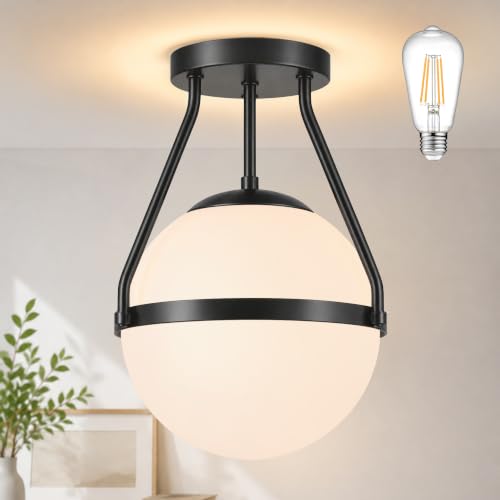 10" Mid Century Ceiling Light Modern Semi Flush Mount Ceiling Light Fixture Globe Ceiling Light Fixture with Milk Glass Shade Matte Black Finish for Kitchen Island Hallway Foyer