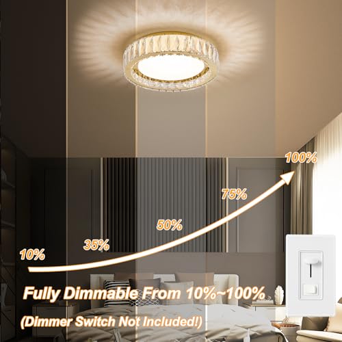 15 Inch Gold Dimmable Crystal LED Flush Mount Ceiling Light
