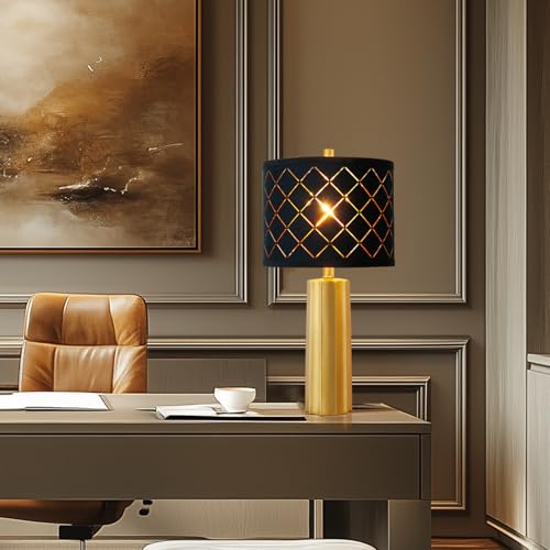 24" Modern Table Lamp for Living Room Bedroom Black Grid Shade