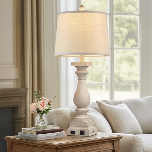 28" Tall Farmhouse Table Lamps Set of 2 with USB C+A Ports and AC Outlet (2 Count)