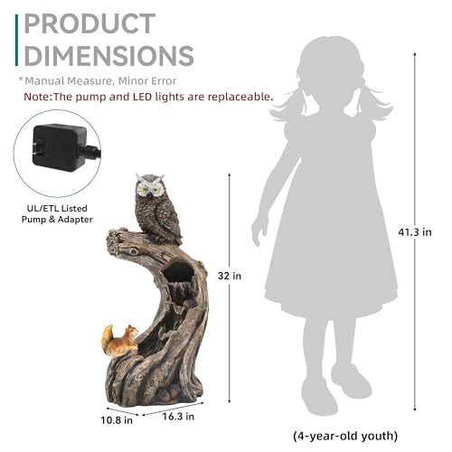32" H Owl Tree Trunk Outdoor Fountain with Warm LED Lights