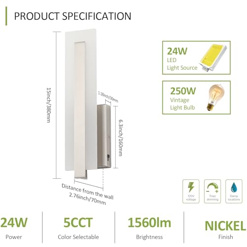 Hardwired Brushed Nickel Dimmable Modern LED Wall Sconce 3000K 3500K 4000K 5000K 6000K Indoor Wall Lights Up and Down Wall Mount Light for Living Room Bedroom Hallway Corridor